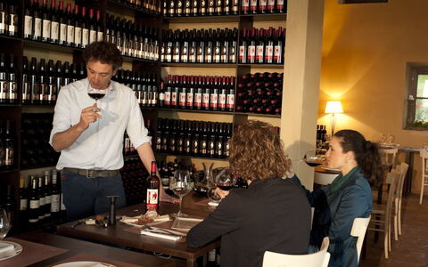 Villa Mandorlo: Tavolo, Tavola, Bottiglia, Mensola, Vino, Barware, Bicchieri, Sedia