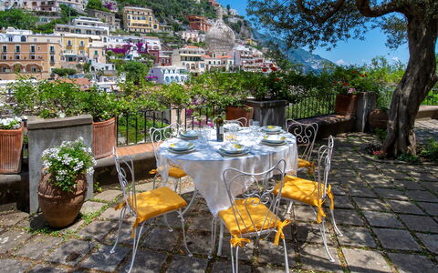 Villa Deli, In Positano, Sea View, Ac: Pianta, Tavolo, Mobilia, Proprietà, Sedia, Tavola, Cielo, Tavolo Esterno, Vaso Di Fiori, Mobili Da Esterno