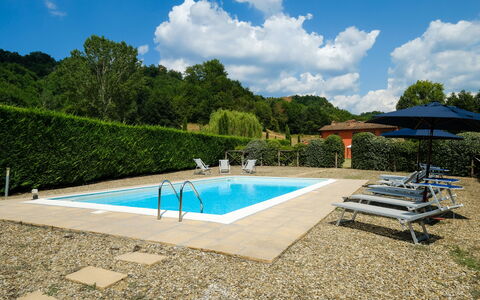 Villa Rossa: Piscina, Azzurro, Mobili Da Esterno, Shade, Materiale Composito, Lettino, Ombrello, Cumulo, Piastrella, Tavolo Esterno