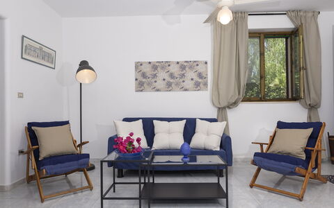 Villa Marlene: Mobilia, Costruzione, Proprietà, Finestra, Cornice, Divano, Comfort, Azzurro, Legna, Interior Design