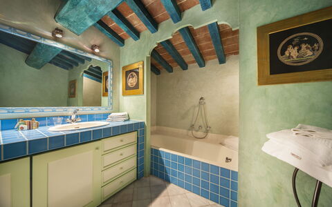 Villa Paneretta: Specchio, Rubinetto, Idraulico Fixture, Proprietà, Cabinetry, Mobiletto Del Bagno, Lavello, Lavandino Del Bagno, Bagno, Azzurro