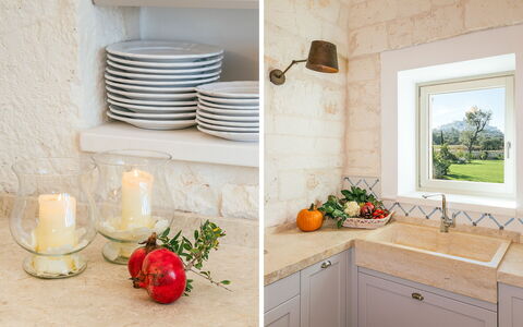 Villa Bellavista: Cabinetry, Tavola, Cibo, Controsoffitto, Bianca, Pianta, Rubinetto, Lavello, Legna, Dishware