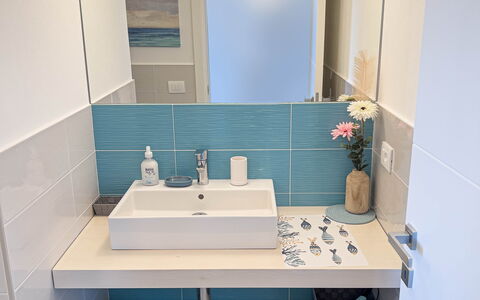 Appartamento La Castellana: Specchio, Rubinetto, Lavello, Idraulico Fixture, Lavandino Del Bagno, Costruzione, Bagno, Interior Design, Legna, Pavimentazione