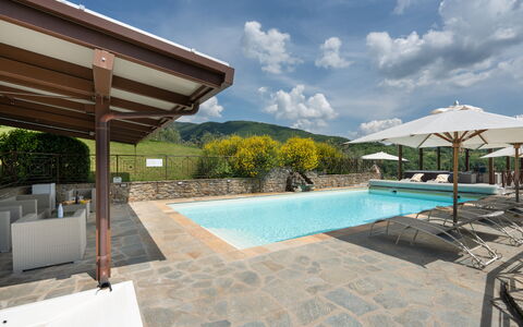 Villa Castelluccio - Arezzo, Toscana: Acqua, Nube, Cielo, Piscina, Pianta, Mobili Da Esterno, Shade, Lettino, Tempo Libero, Albero