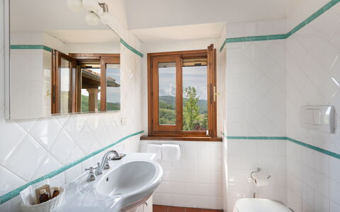 Villa Castelluccio - Arezzo, Toscana: Specchio, Idraulico Fixture, Rubinetto, Proprietà, Lavello, Lavandino Del Bagno, Azzurro, Bagno, Interior Design, Legna