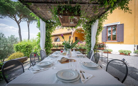 Villa Recanati, Val D'orcia, Private Pool, Jacuzzi: Tavolo, Pianta, Tavola, Proprietà, Mobilia, Costruzione, Sedia, Tovaglia, Dishware, Interior Design