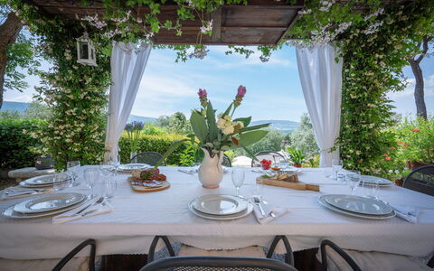Villa Recanati, Val D'orcia, Private Pool, Jacuzzi: Tavolo, Tavola, Pianta, Mobilia, Sedia, Dishware, Tovaglia, Cielo, Interior Design, Decorazione