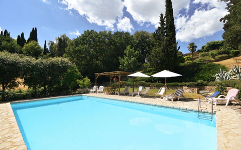 Podere Le Muricce: Acqua, Nube, Cielo, Pianta, Proprietà, Piscina, Azzurro, Albero, Shade, Sedia