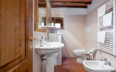 Chiara House In Galenda, Chianti, Pool And Nature: Marrone, Rubinetto, Lavandino Del Bagno, Lavello, Proprietà, Idraulico Fixture, Viola, Bagno, Legna, Specchio