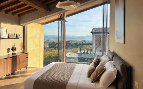 Melaiolo Modern Apartment with Pool, Montaione, To: Mobilia, Interior Design, Letto, Camera Da Letto, Casa, Biancheria, Pavimentazione, Camera, Pavimento, Bedding
