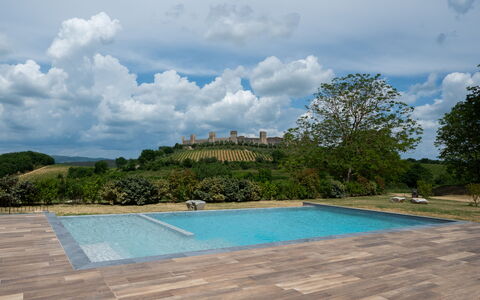 Il Borgo, Borgo Campassini, Monteriggioni: Piscina, Giardino, Flagstone, Landscaping, Shade, Pavimento In Legno, Passerella, Backyard, Mobili Da Esterno, Piastrella