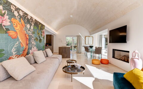 Trullo Brenda: Pavimentazione, Interior Design, Mobilia, Pavimento, Soffitto, Casa, Soggiorno, Ricorrere, Divano