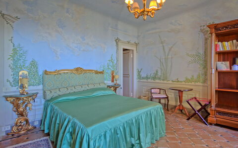 Villa Camaiore: Camera, Camera Da Letto, Mobilia, Letto, Proprietà, Interior Design, Telaio Del Letto, Parete, Costruzione, Turchese